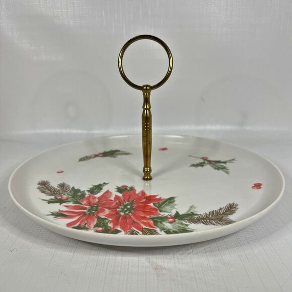 Vintage Christmas Tidbit Tray Florence Melmac Poinsettias Melamine Made USA - Picture 2 of 6